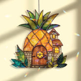 Pineapple House Acrylic Suncatcher, Stained Glass Style Cottage Window Hanging, Whimsical Fruit Home Decor Gift for Tropical Lovers